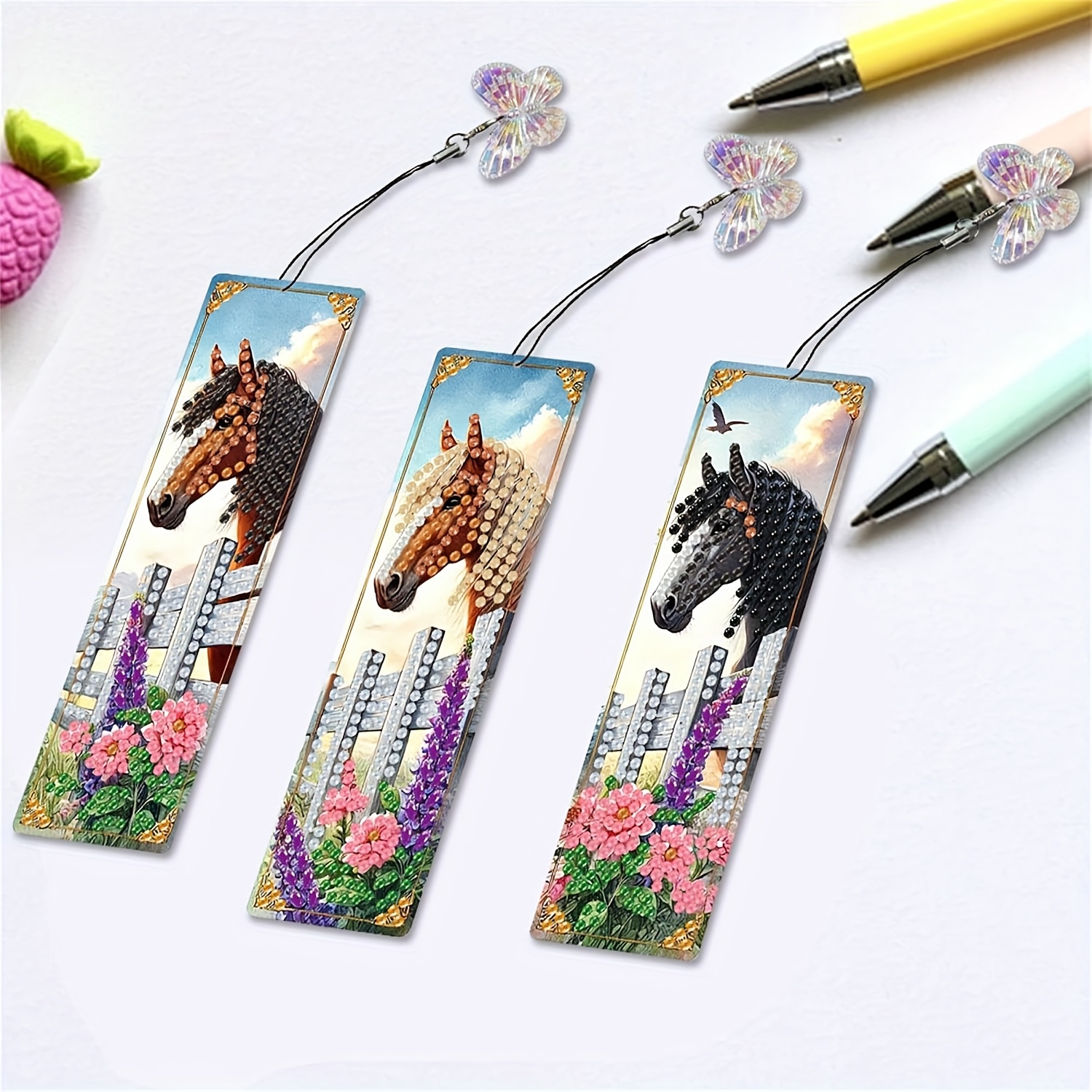 TEMU 3pcs Set, Horse Pattern Diamond Painting Bookmark Set With Random Color Pendants, A Perfect Christmas, Halloween, Birthday Gift For Book Lovers,