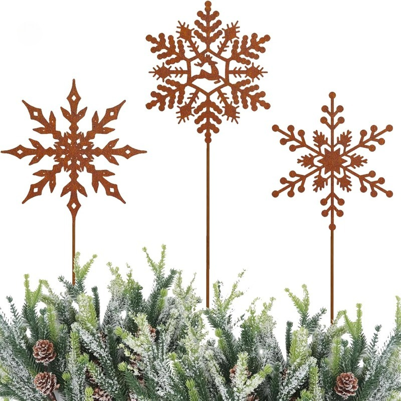 TEMU 2d Flat, [2d Flat] 2d Flat, 3pcs Stakes, Snowflake Garden Stakes, Christmas Snowflake-shaped Garden Decor Stakes, Vintage Rust Acrylic Stakes -