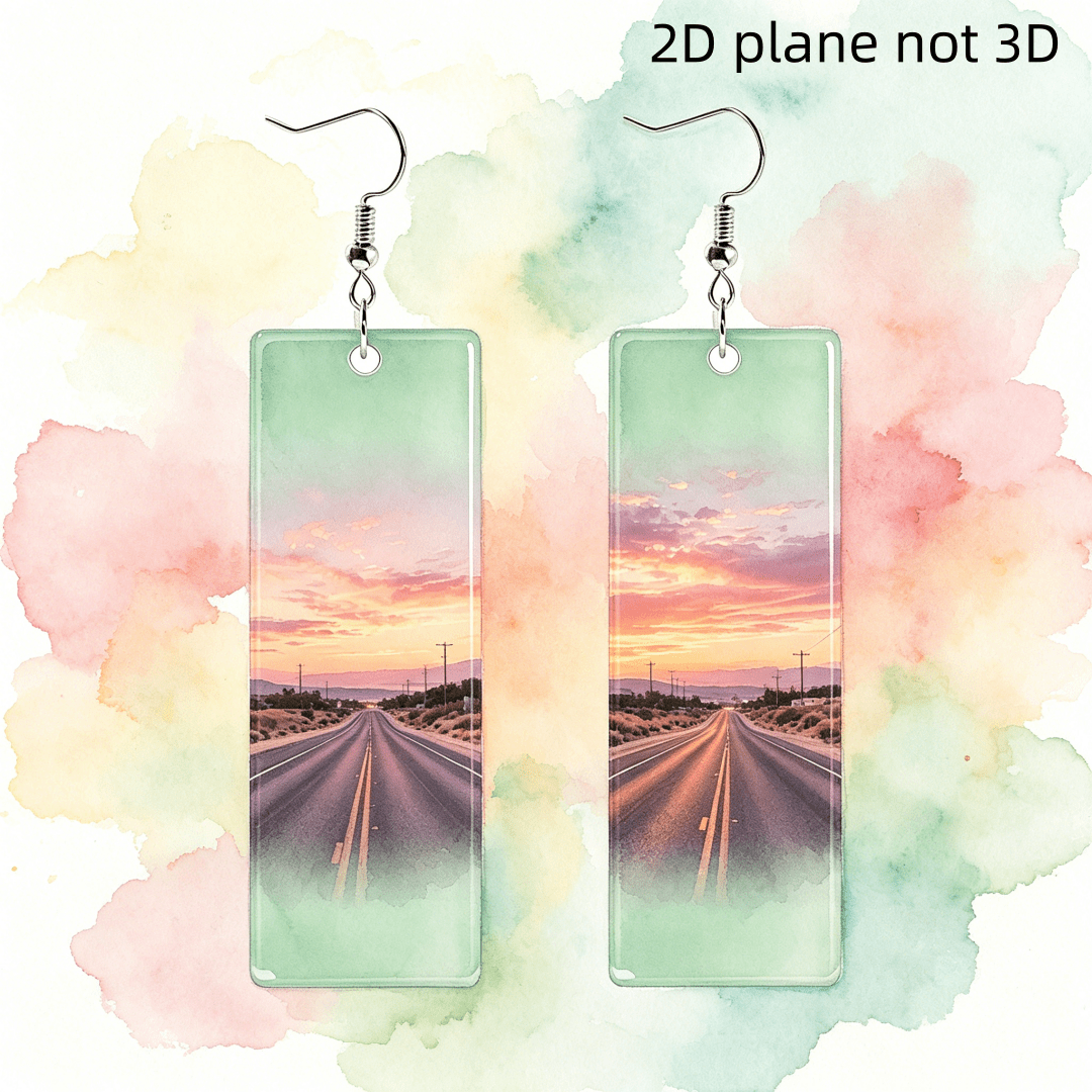 Vintage Desert Highway Sunset Rectangular Dangle Earrings