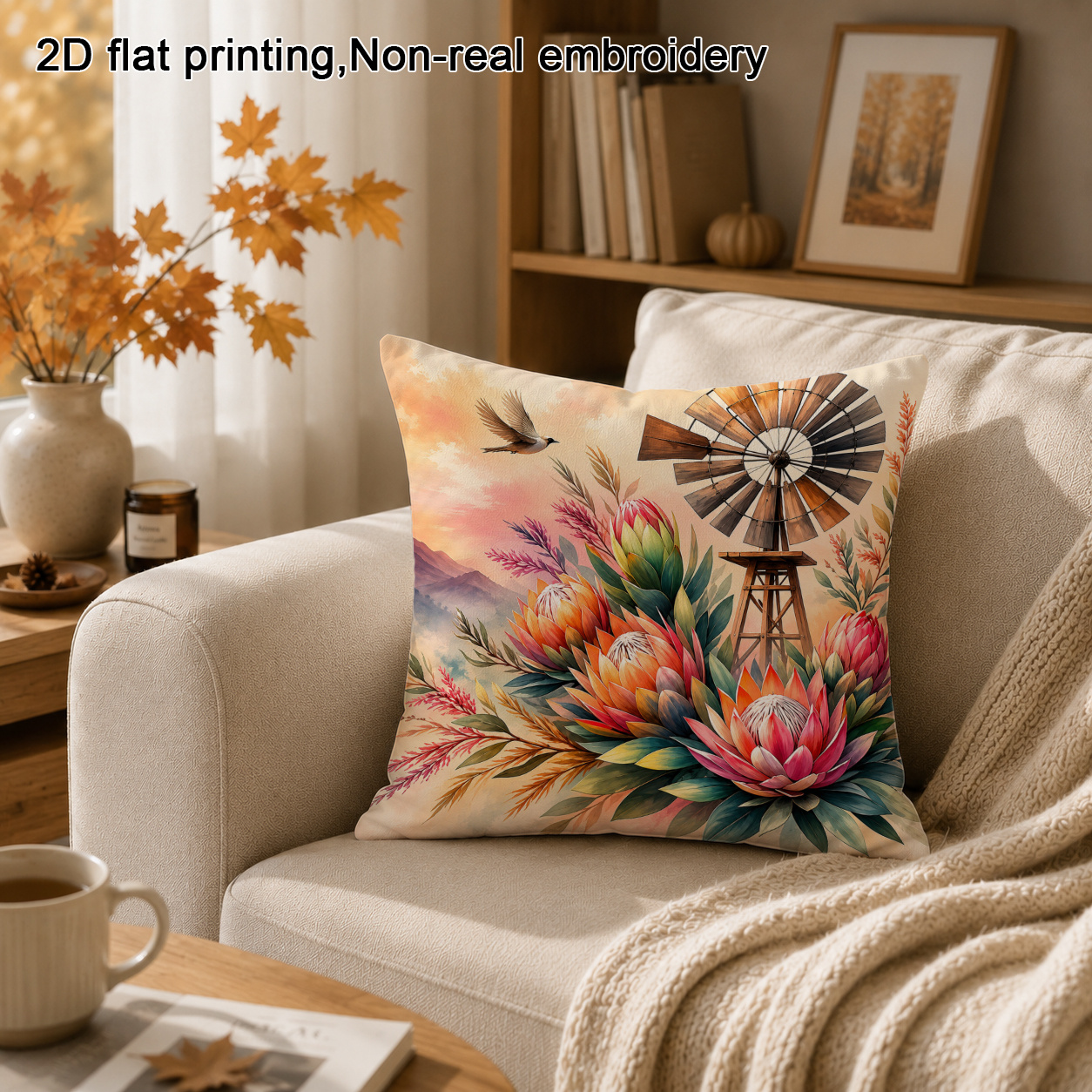 TEMU 1pc Contemporary Pastoral Windmill & Cushion Cover - Single-sided Watercolor Pillowcase With Zipper Closure, Suitable For Sofa, Bed, Outdoor