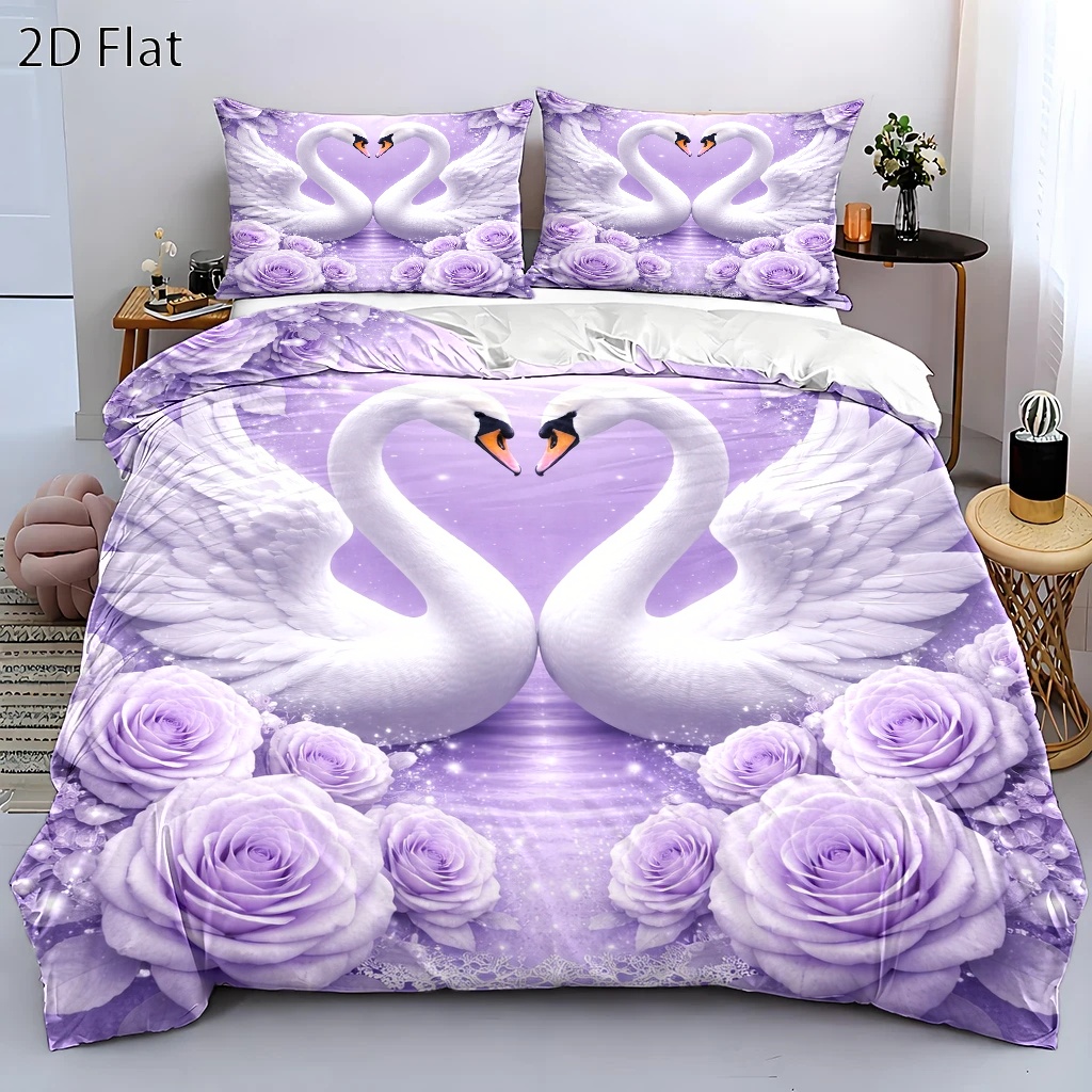 TEMU Purple Swan Rose Romantic Duvet Cover Set, 3pcs Bedding (1 Duvet Cover   2 Pillowcases), Suitable For , Machine Washable, Double Bed Cover With