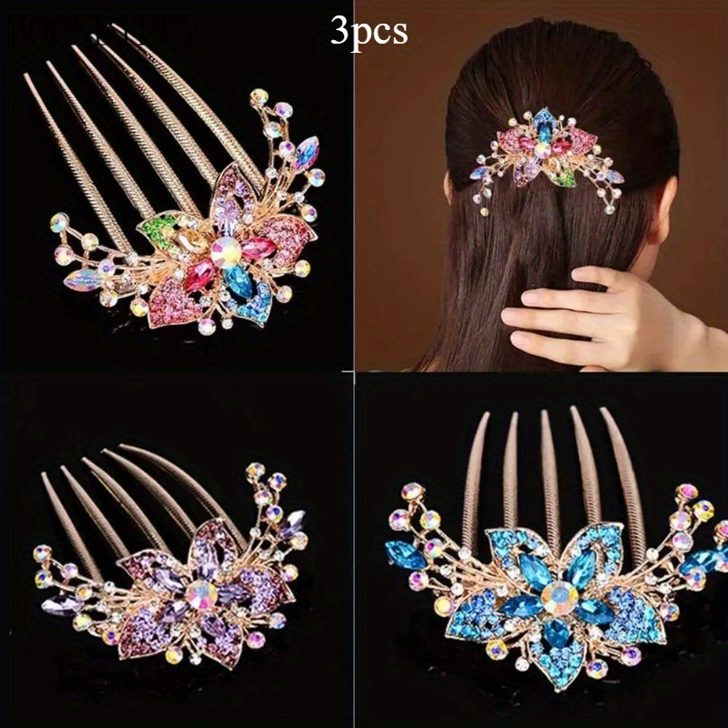 TEMU 3pcs Set Vintage Floral Hair Combs - Sparkling 5 Tooth Clips For All Hair Types, & Special Occasions, Best For Christmas