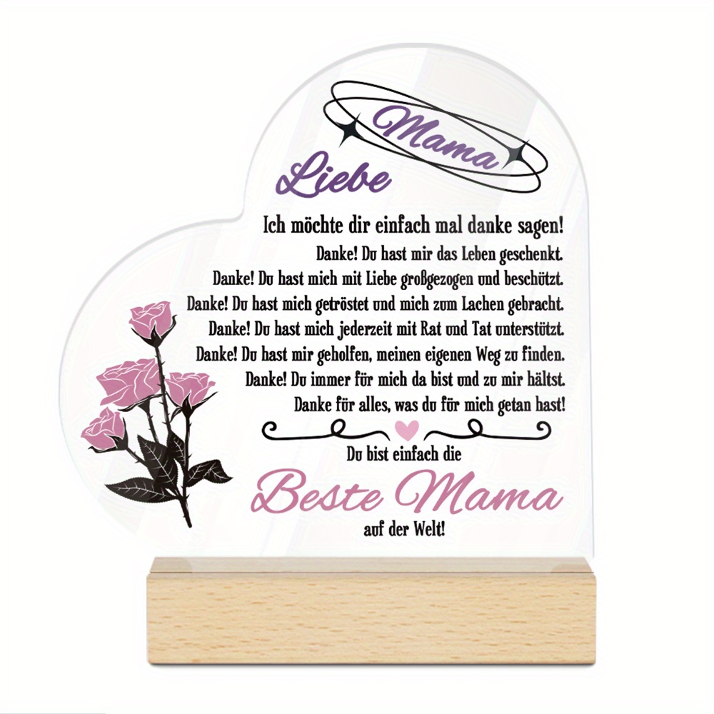 E-shop 【JIT】Putuo Decor 1pc German Heart Shaped Acrylic Sign Wooden Base Table Decor, Liebe Mama Ich Möchte Dir Einfach Mal Danke Sagen!, Desktop