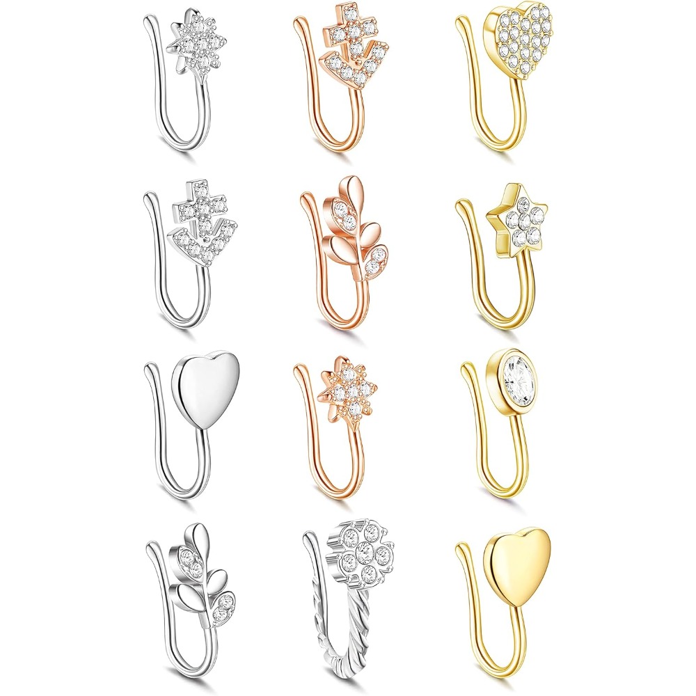 Image of 12pcs Non-piercing Nose Cuff Hoops For Women - Clip-on Adjustable Faux Nose Rings Suitable For Parties, Vacations, Casual Attire | Instant Nose Piercing Look Without Piercing | Fashion