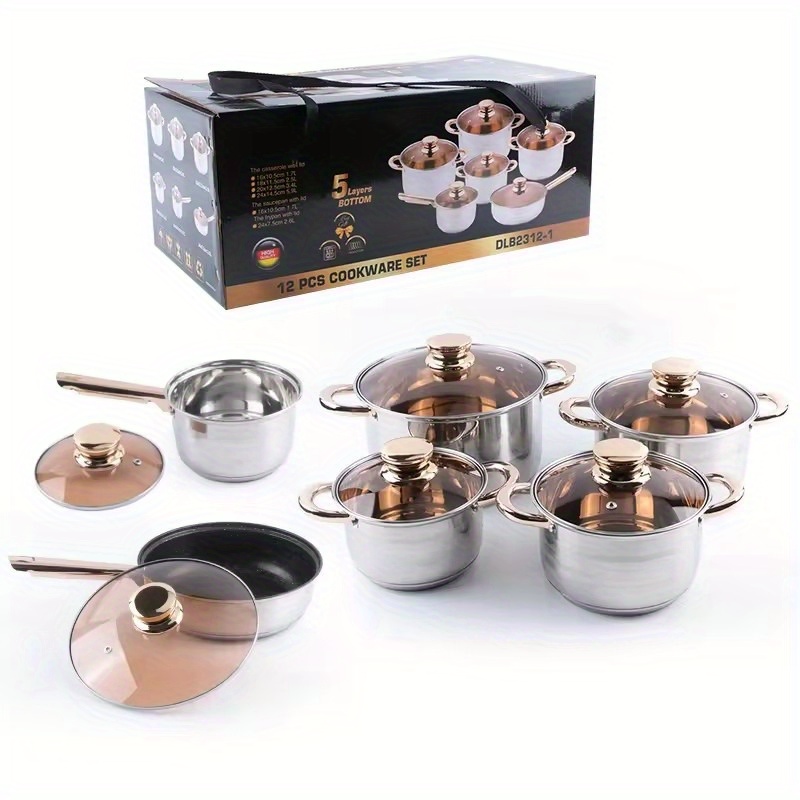 12pcs stainless steel cookware set with lids anti   handles   lids 7 layer thickened covers healthy material   kitchen pots and pans accessories details 1