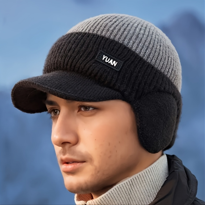 TEMU Bonnet d'hiver pour homme en tricot doublé avec rabats d'oreilles et visière - Épaissi et chaud, adapté aux activités de par temps froid, pour ,