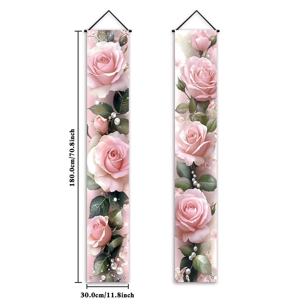 TEMU 2D Flat, 2D Flat - 2D Flat Banner, 1 Paar, Frühlings-Themen-Fronttür-Veranda-Schild Partybanner, Willkommen im Frühling, Rosa Rosen Design,