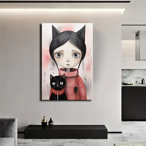 1pc girl with cat in red sweater whimsical illustration ready to hang wrapped canvas painting vibrant colors details living room bedroom decor or holiday gift decorative canvas vibrant wall decor cat decor 2d flat