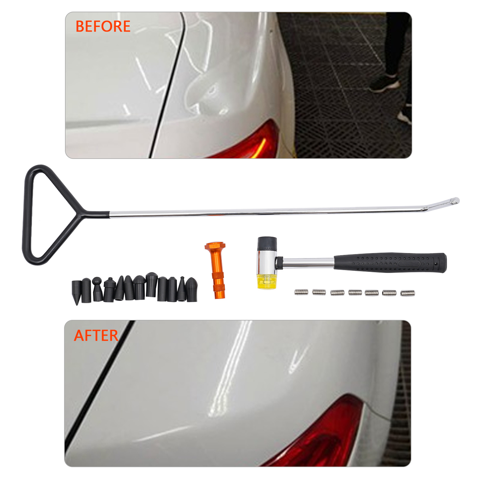 Image of 15pcs Pdr Car Dent Repair Kit, Paintless Dent Removal With 12 Multi-shape Black Rubber Tips, 48cm Auto Body Dent Lever Tool For Hail Dents, Door & Car Body Panel Dent Repair