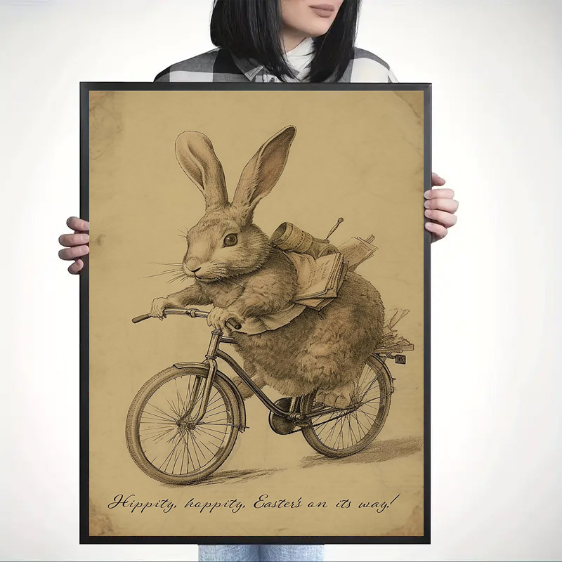 

1pc Easter Bunny Canvas Print, 16x24 Inch - Vintage Rabbit On Bicycle Wall Art, Rustic Farmhouse With "happily Bunny Casts On Way" Quote For Living Room, Bedroom, Office, 2d, Room