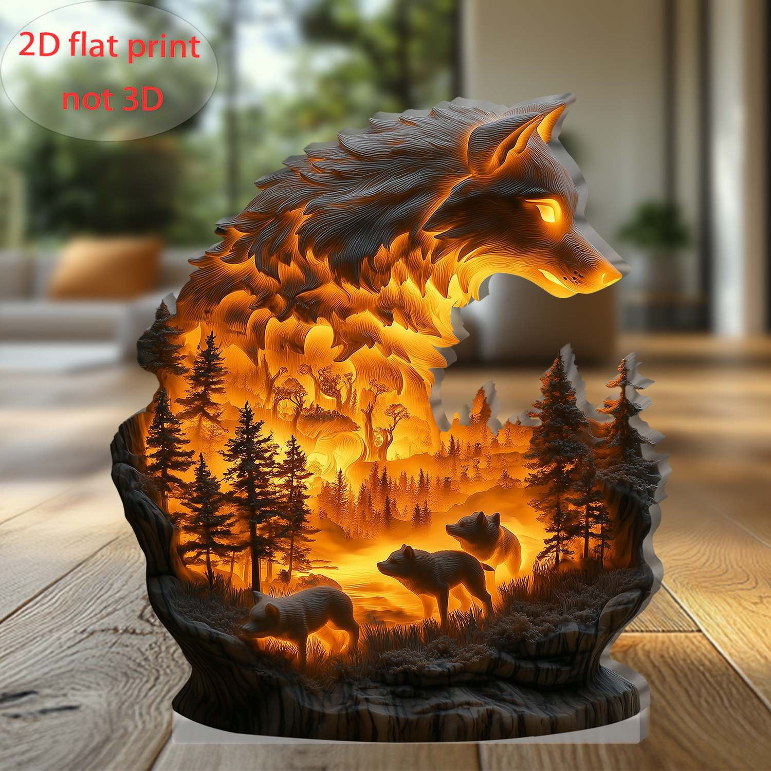 TEMU 2d Flat, 1pc Bohemian Acrylic Wolf Decor - 2d Flat Print Wall Art With Forest Scene, No Electricity Needed For Home, Office, Cafe - Unique Gift