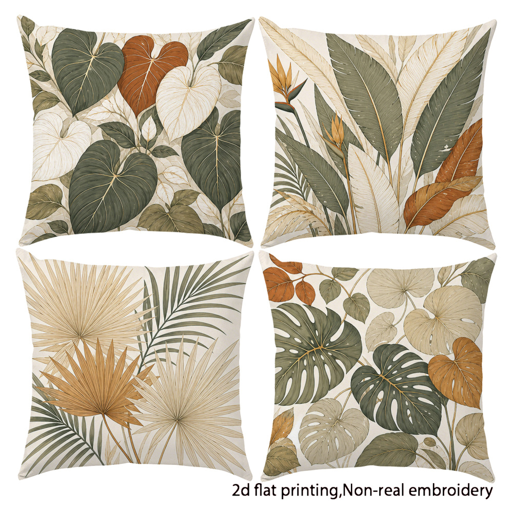TEMU 4pcs Morandi Khaki-green Tropical Leaf Print Cushion Covers Suitable For Modern Sofa Bed Decor, Monstera Palm Palm Fronds & Fern Botanical