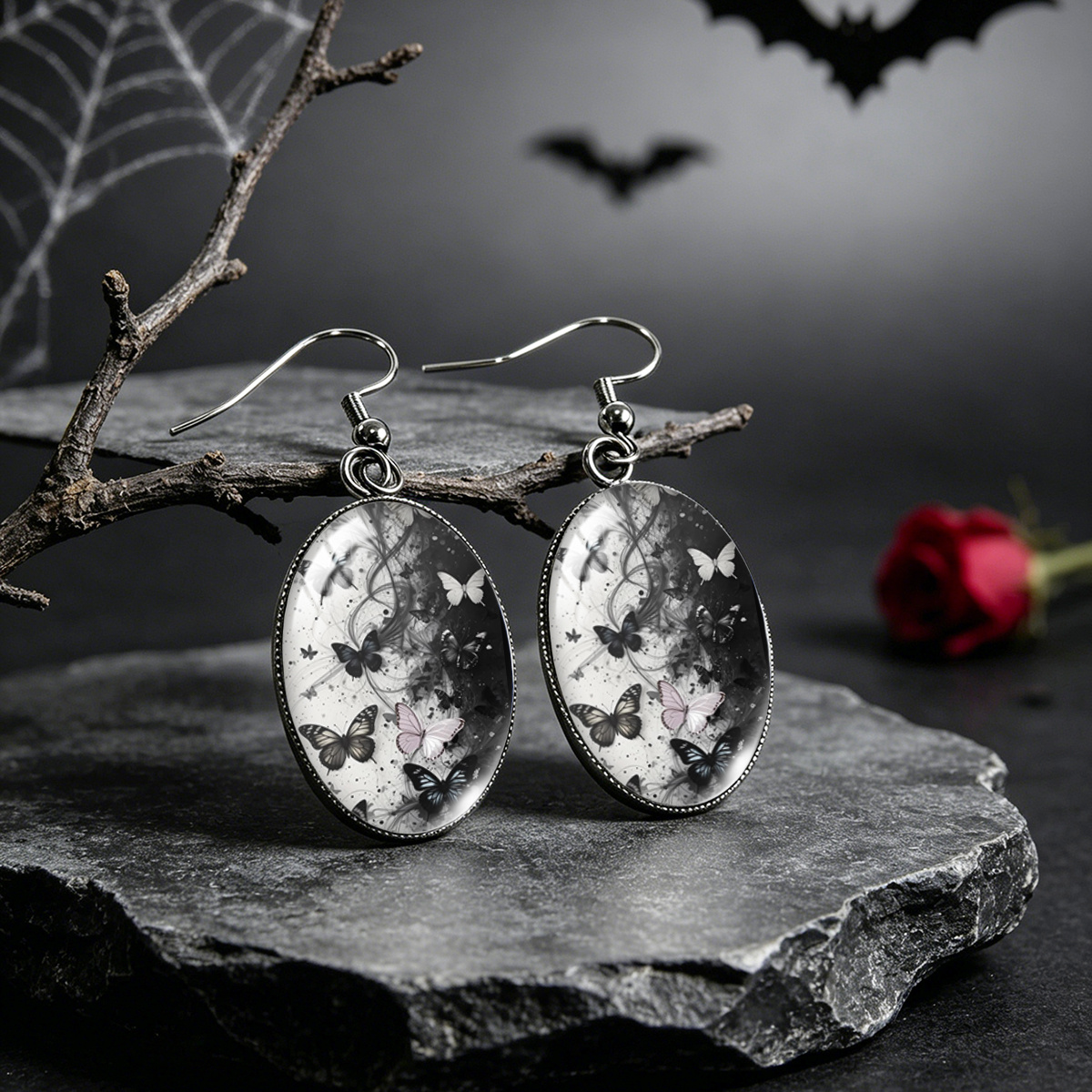 Black And White Gradient Butterfly Oval Glass Cabochon Earrings
