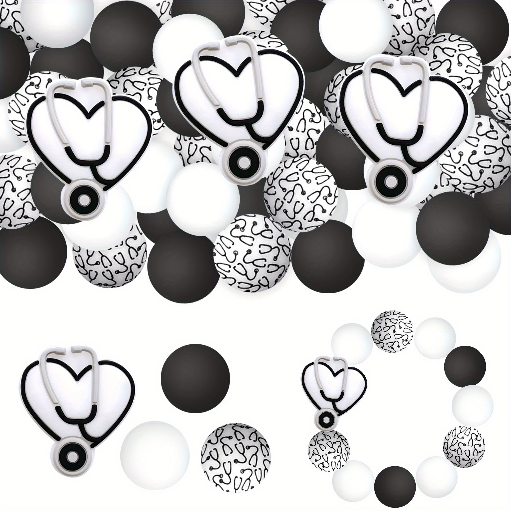 TEMU 25pcs Silicone Beads Stethoscope Heart Shape Loose Beads Stethoscope Printed Black And White Round Beads Suitable For Jewelry Decoration Beads