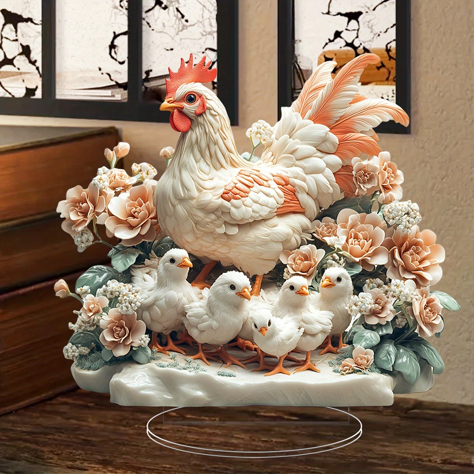 

2d Flat, Acrylic Farm Rooster & Chick Figurine Set - Porch, Tabletop, Window Display | Ideal For Farmhouse Decor, Parties, Christmas & Valentine's Gifts