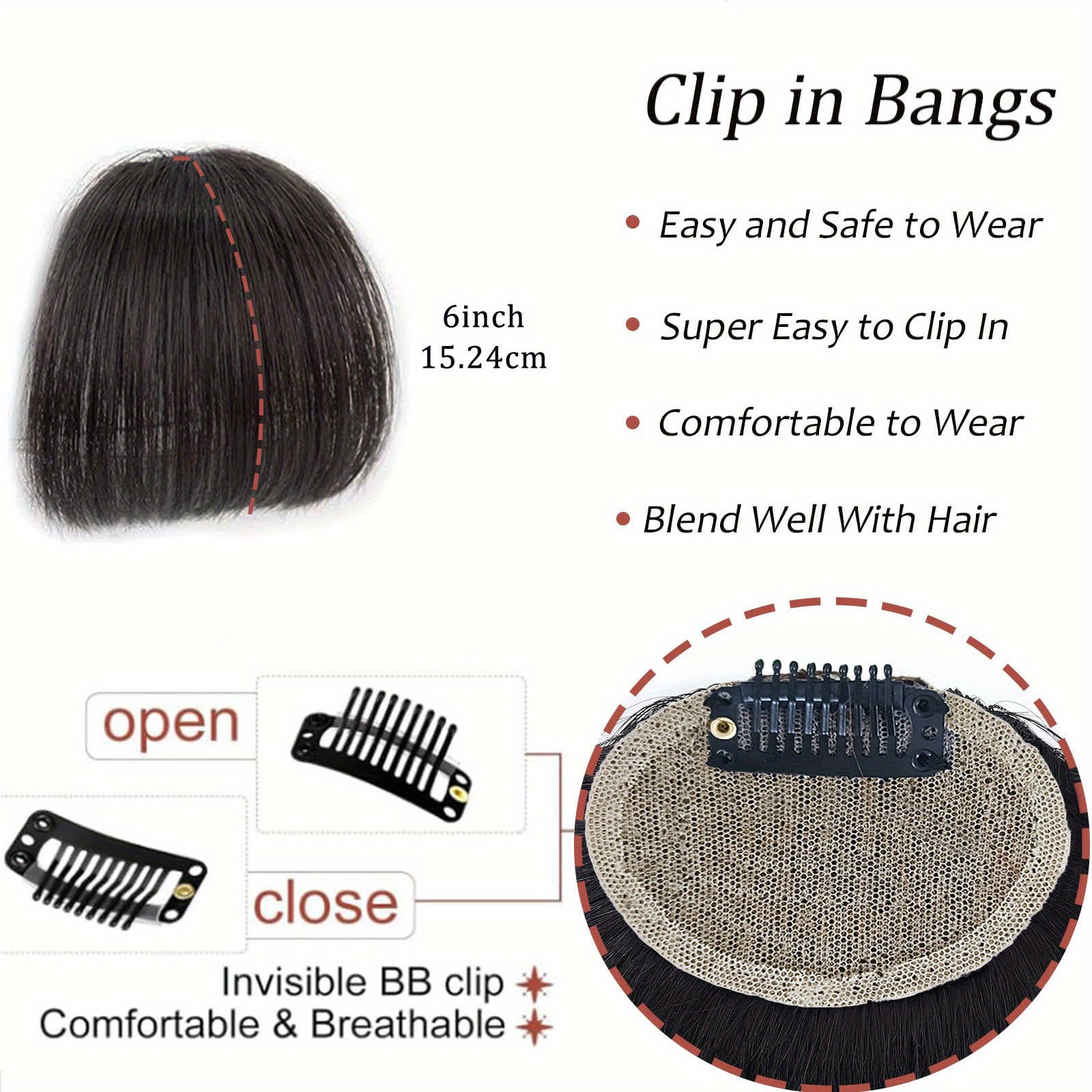 women s clip-in human hair bangs - natural look front fringe extensions, easy to apply no   needed, dark brown/black/, straight hairstyle for everyday &   - salon-quality hairpiece for added volume & dimension details 3
