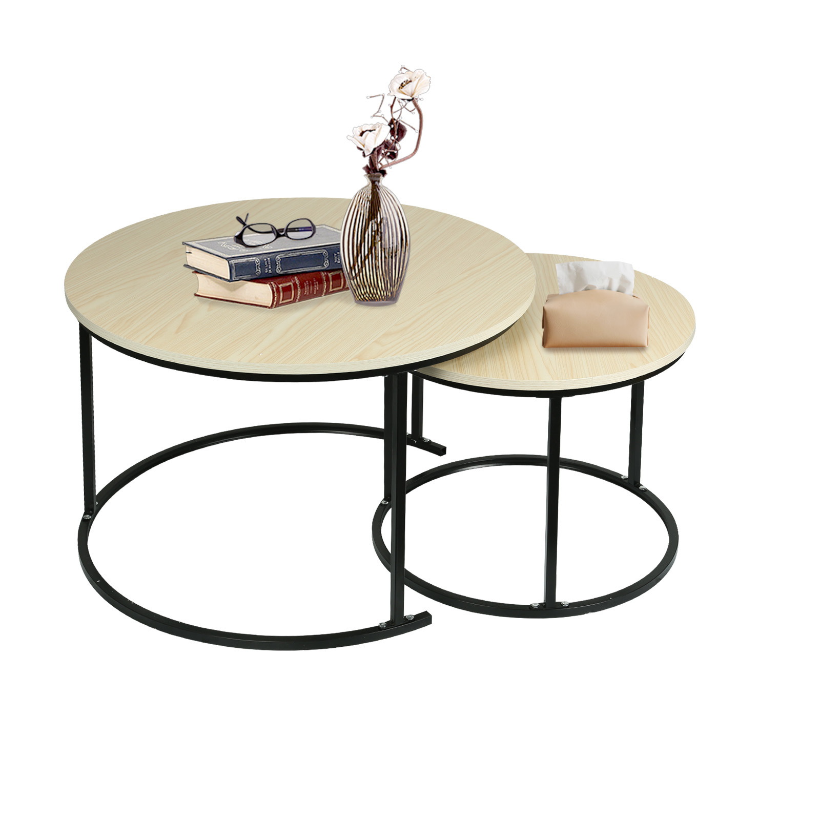 Image of Set Of 2pcs Round Coffee Tables - 70 X 70 X 45/ 50 X 50 X 38cm - End With Black Legs - Easy And Elegant, Suitable For Interior Design Styles