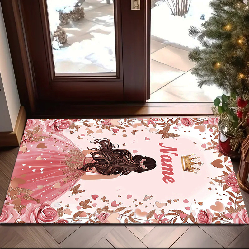 TEMU Tapis Princesse Rose Personnalisé avec Nom, Tapis de Bureau, Tapis de Sol avec Antidérapante, Tapis de Chaise, Décoration d'Intérieur, Cadeaux