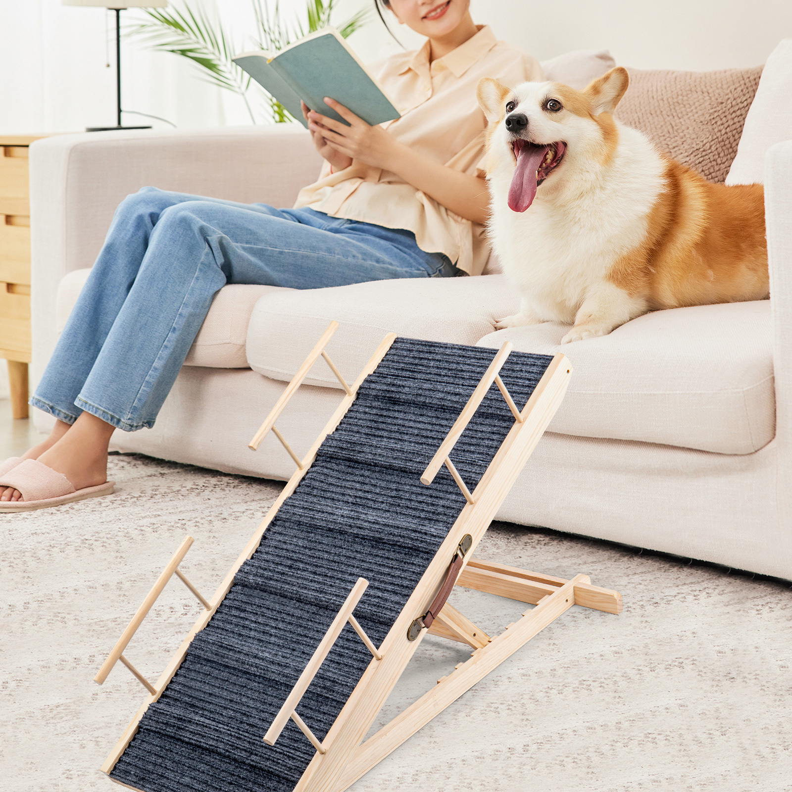 Adjustable & Foldable Dog Ramp - Non-slip, Sturdy Kiefernwood Pet Steps For Small To Large Breeds, 100kg Capacity, Height Range 30cm-60cm
