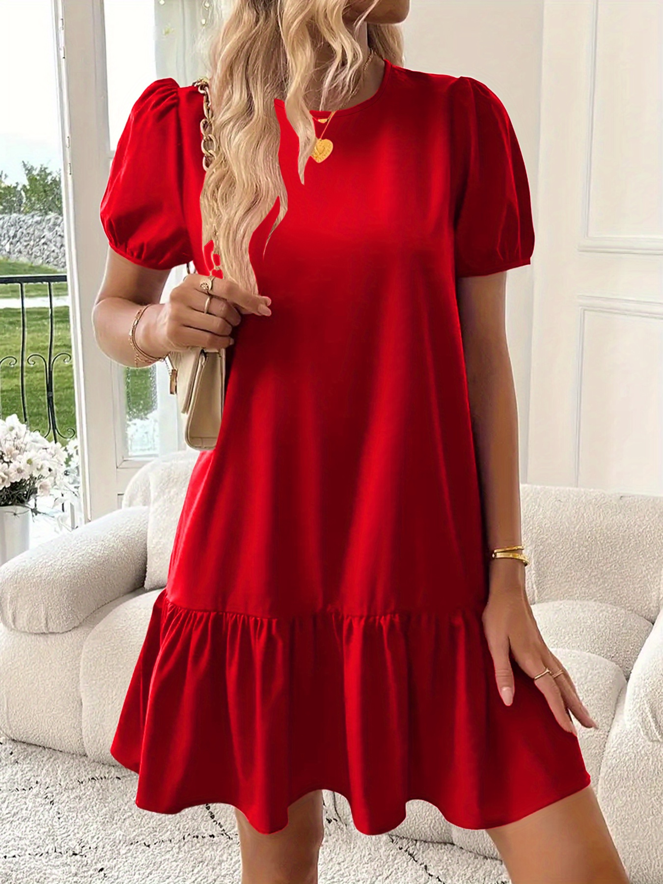 womens elegant sleeve dress elastic waist flared hem - Temu Spain