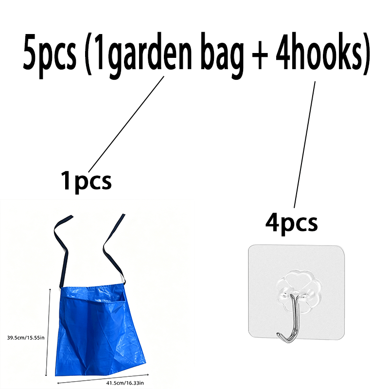 TEMU 5pcs(1 Garden Bag+ 4 Hooks)large Capacity Pe Gardening Harvest Apron Heavy Duty Easy Apron Spacious Storage Pocket Unisex Workwear For Planting