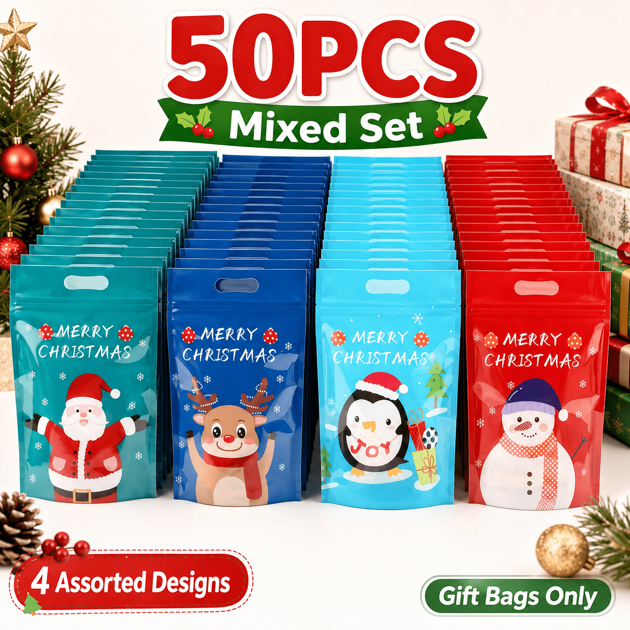 TEMU 50pcs 23x 15.5 X 3.5cm Christmas Gift Bags Mixed Set, Assorted Xmas Holiday Treat Bags With Handles, Christmas Candy Cookie Snack Packaging Bags