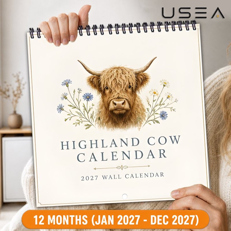 TEMU 2027 Wall Calendar 2027 Wall Calendar 12 Months Yearly Organizer 8.3x8.3 Inch Square Twin Wire Spiral Hanging Highland Cow Botanical Floral