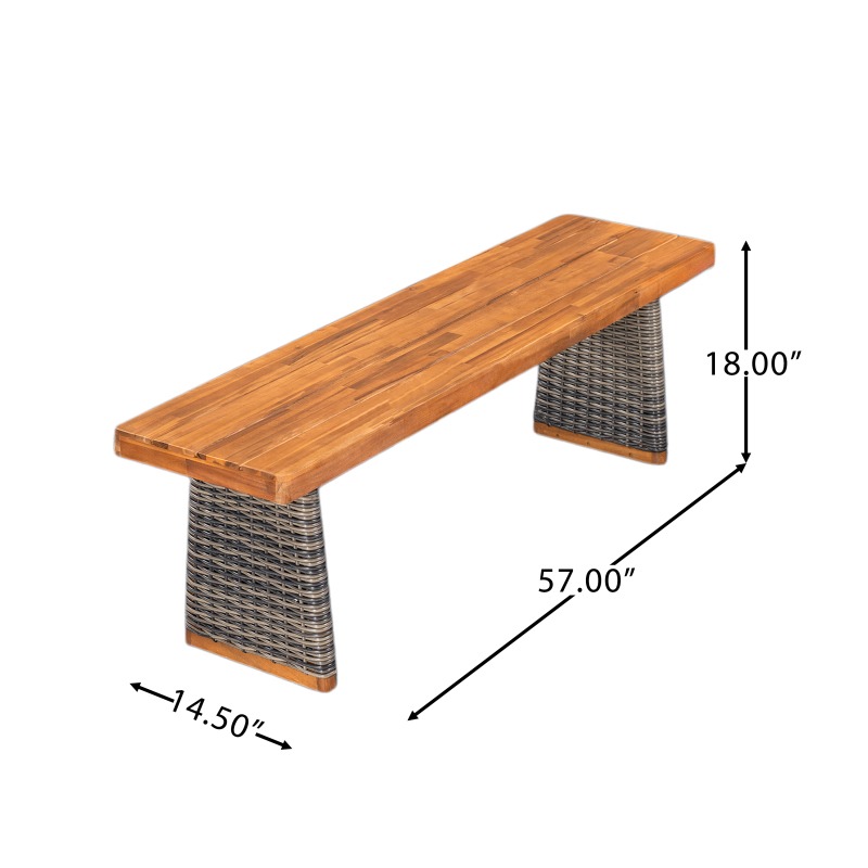 Outdoor 1pc Acacia Wood Bench, Teak Finish+ Grey Wicker