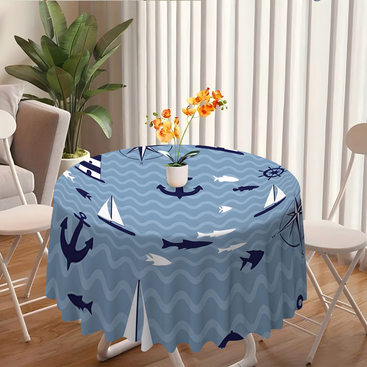 TEMU 1-pack, Polyester Material Ocean-themed Decorative Tablecloth With Many Nautical Elements Including , Compasses, Anchors, Etc., Wrinkle-free, 6