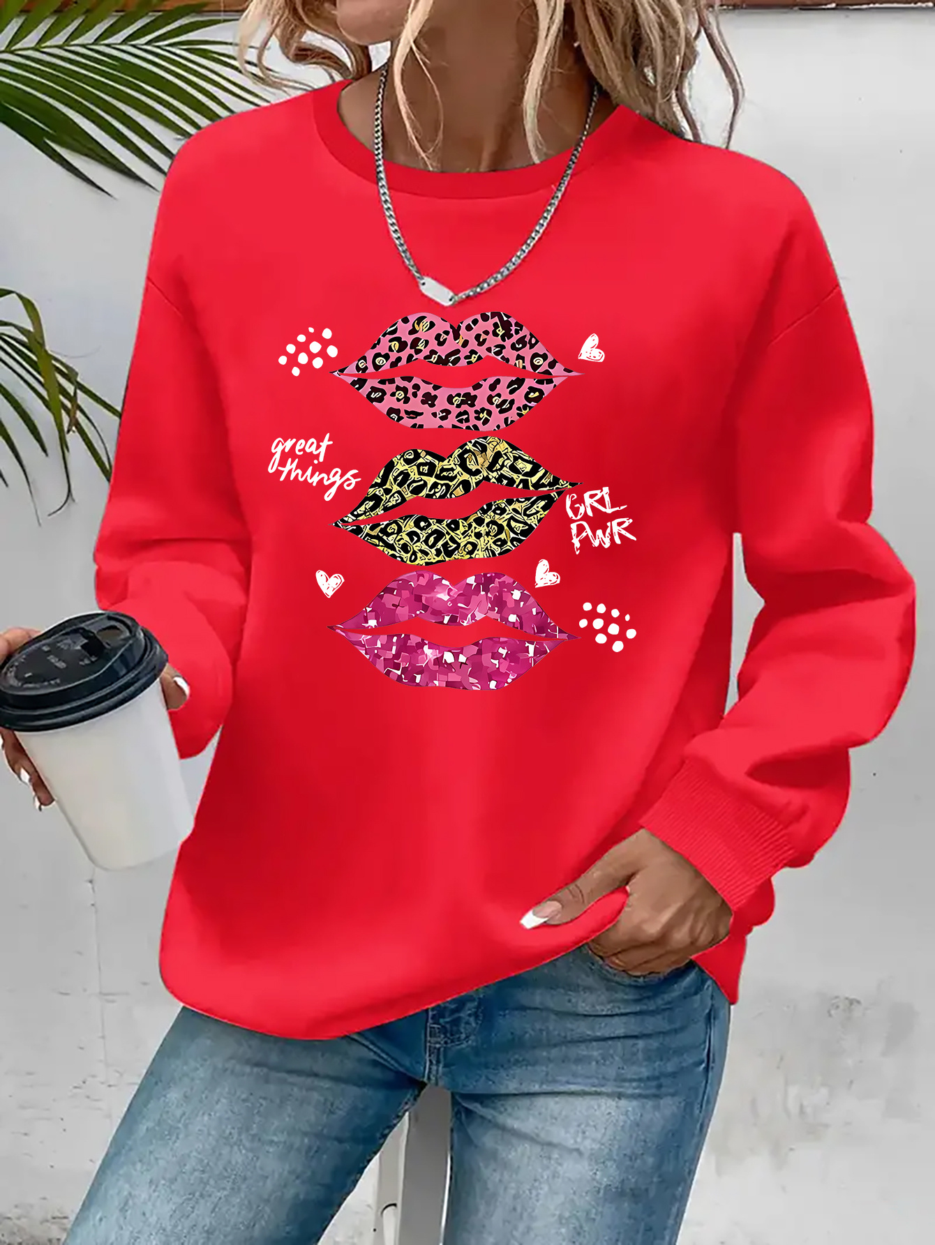 Sweat-shirt Femme Vintage Beige - Imprimé Feuilles - Col Rond - Automne/Hiver 2025 - 92% Polyester