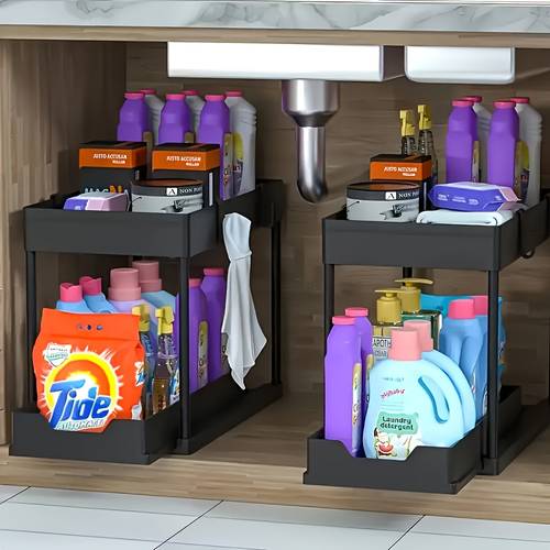 2 tier sliding under sink organizer with metal frame black white plastic storage baskets durable multi purpose cabinet drawer rack for kitchen spices cosmetics bathroom kitchen organization under sink organizers and storage sleek organizer sturdy construction