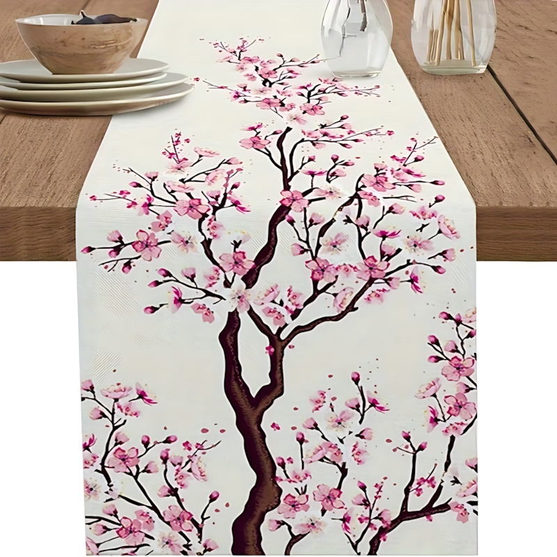 TEMU 1pc Of Pink Cherry Printed Table Runner, Suitable For Spring And Summer , Weddings, New Year Celebrations, And Home Kitchen Dining Party