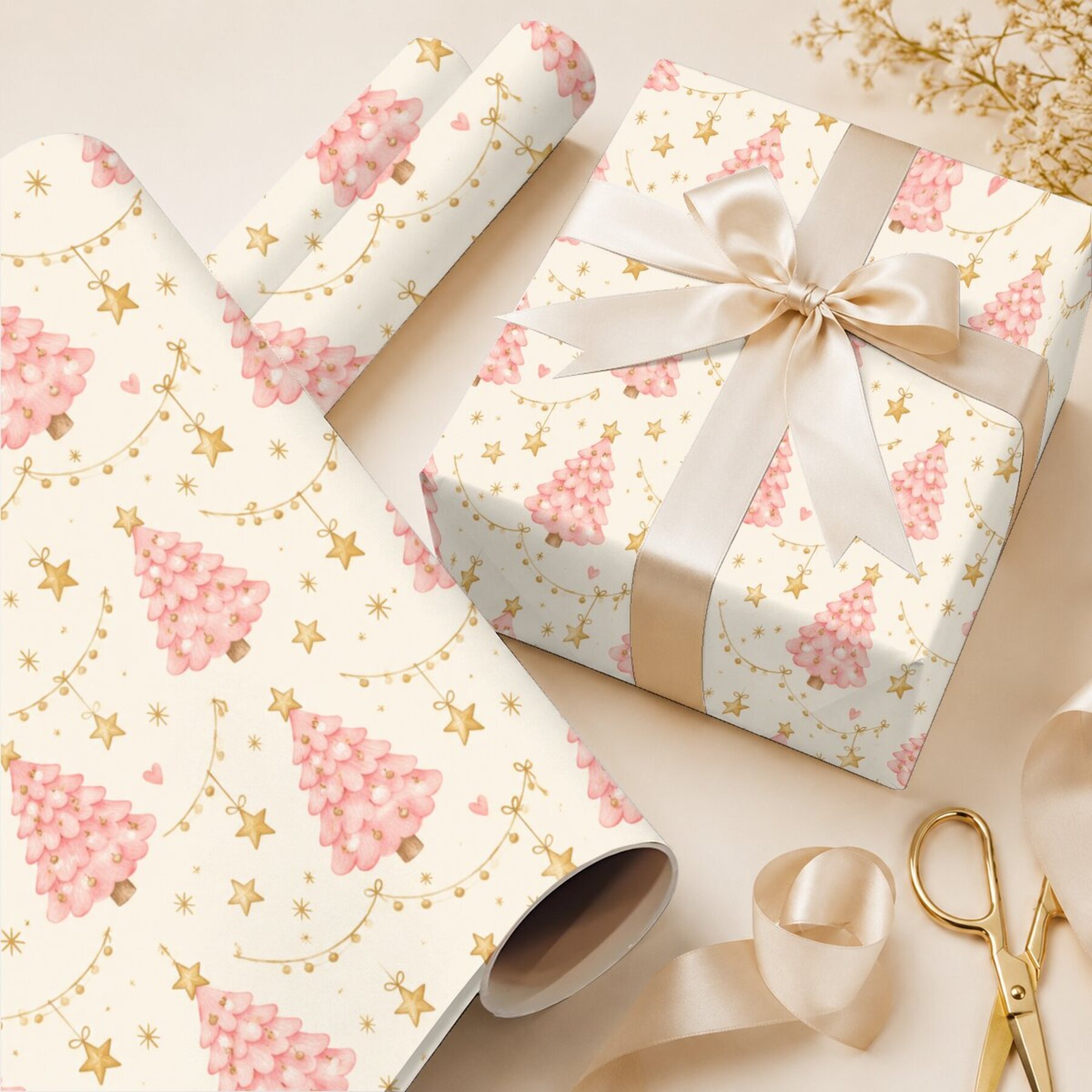 TEMU Rouleau de à motif de sapin de Noël rose, 19,69 po x 118,11 po, papier d'emballage floral pour femmes et filles, idéal pour anniversaires,