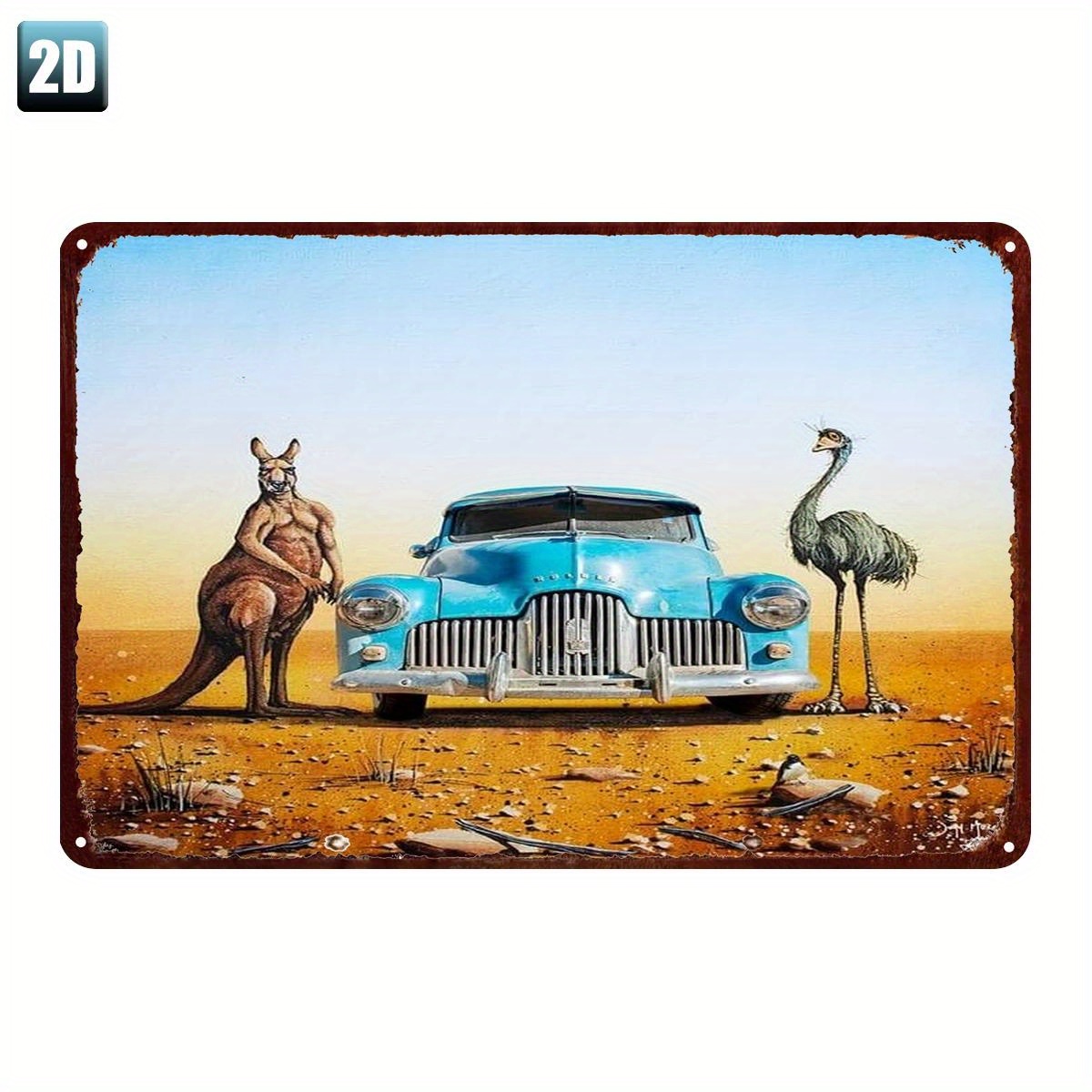 TEMU 1pc Vintage Tin Sign Retro Decor With Car Kangaroo Emu Desert Landscape Durable Distressed Metal Poster For Garage Man Cave Pub Home Or Office