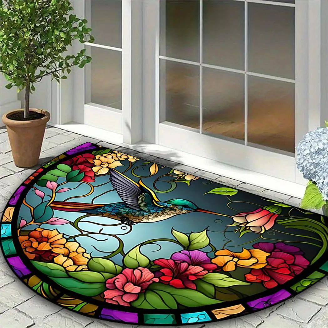 TEMU 1pc 2d Flat Printed Door Mat, Outdoor Courtyard Door Mat, Flat Printed Hummingbird Stained Glass Pattern Doormat, Suitable For