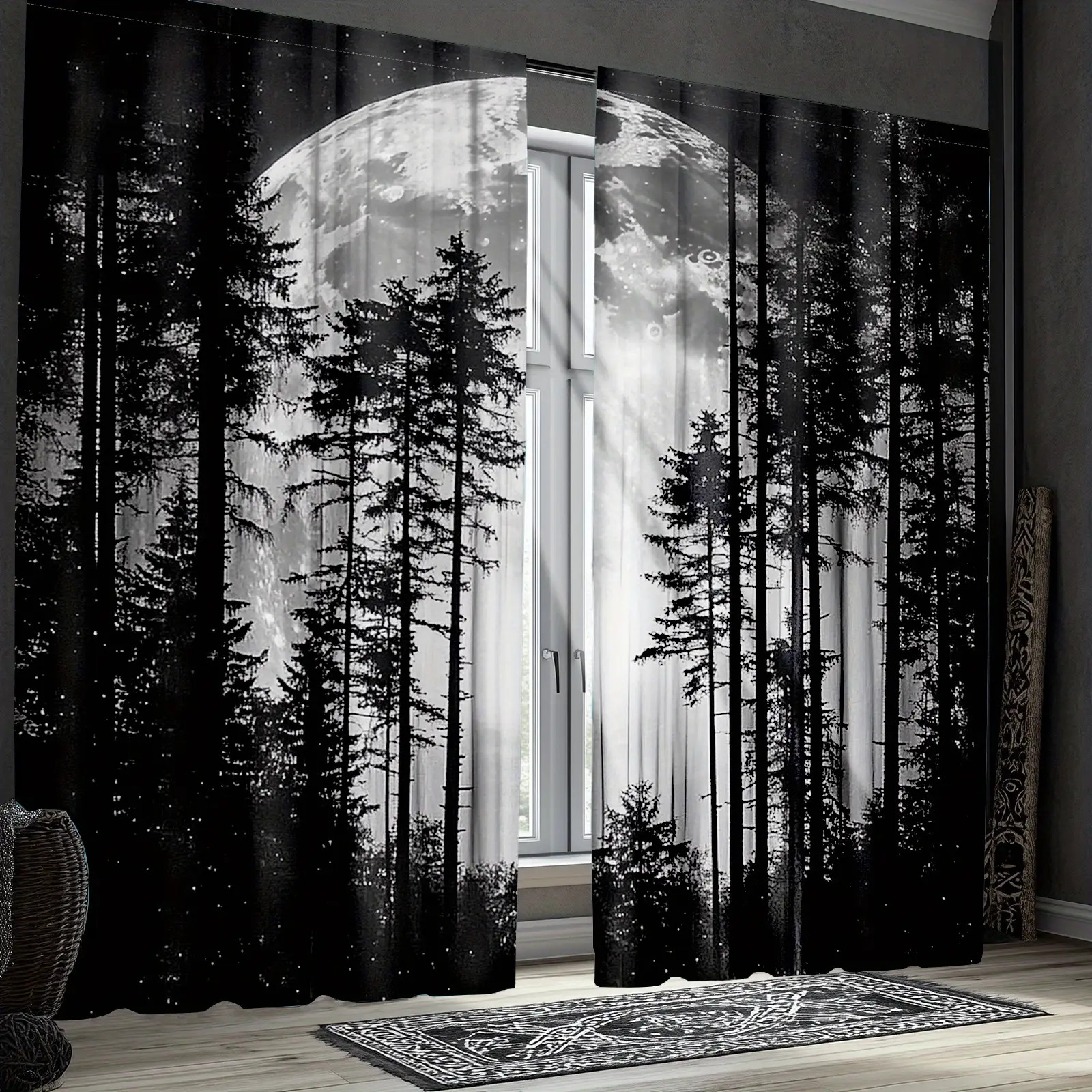 TEMU 2d Flat, 2d Plane- 2d Plane- Gothic Forest Curtain Set(2pcs)- Designed With A Background Of And Starry , Made Of Semi-transparent Polyester,