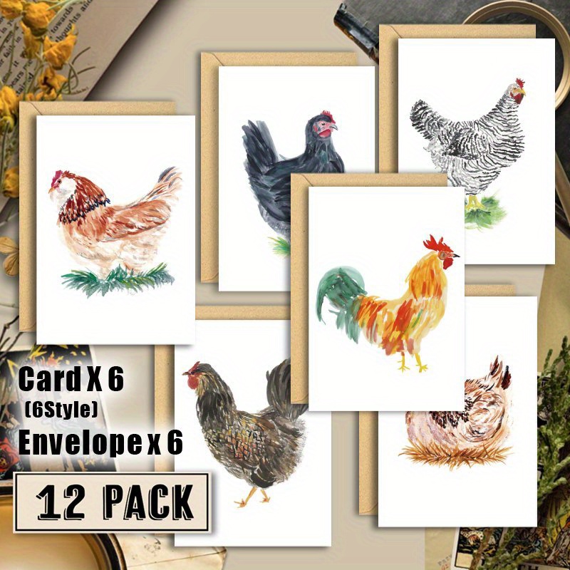 

12-pack Chicken Themed Cards With Envelopes - Blank Notecards Bulk Set For Family, Friends, Colleagues - Paper Material, Suitable For Valentine's Day, Christmas, Anniversary