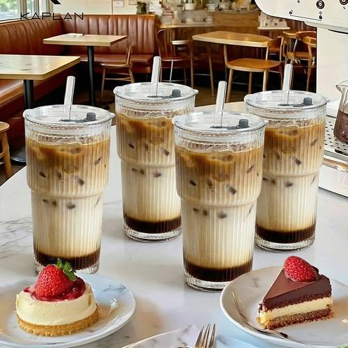 3pcs set cup and lid and straw large vertical striped straw cup with lid suitable for cold drinks juice and coffee made of glass material reusable suitable for and juice practical and fashionable