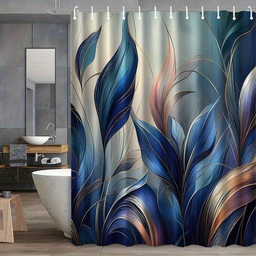 صورة العنصر ستارة دش عصرية مسطحة ثنائية الأبعاد، قطعة واحدة مع خطافات - نمط أوراق شجر باللون الأزرق المخضر الكاكاشي وديكور حمام باللونين الأزرق الداكن والأخضر، قابلة للغسل في الغسالة فاخرة ومناسبة لفاصل الحمام، الخطافات متضمنة للتثبيت، إكسسوار حمام أنيق لتزيين المنزل، مسطحة ثنائية الأبعاد