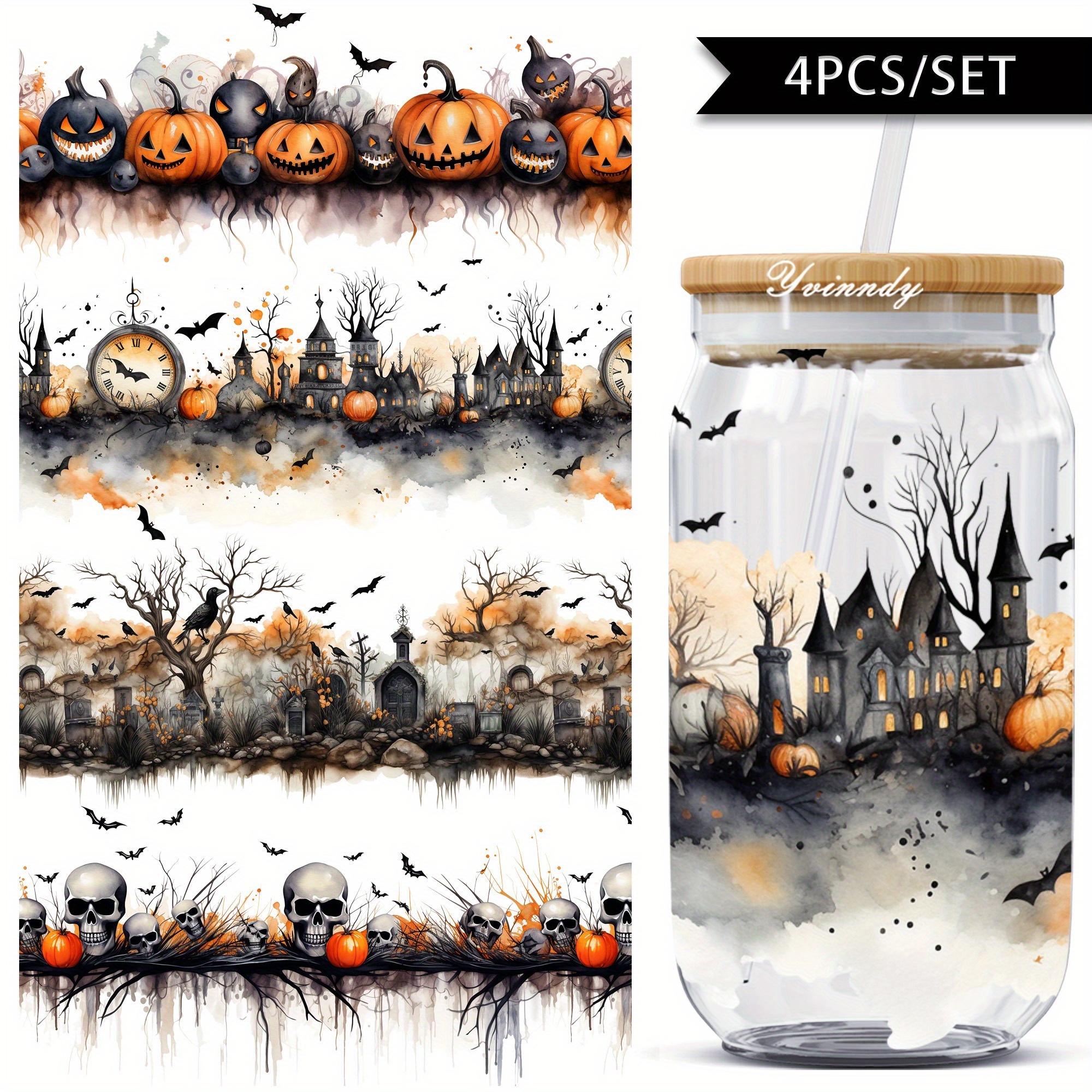 TEMU Ensemble de 4 feuilles de transfert UV DTF sur le thème gothique pour Halloween, conçues pour les bocaux en verre de 16 oz, faciles à appliquer,