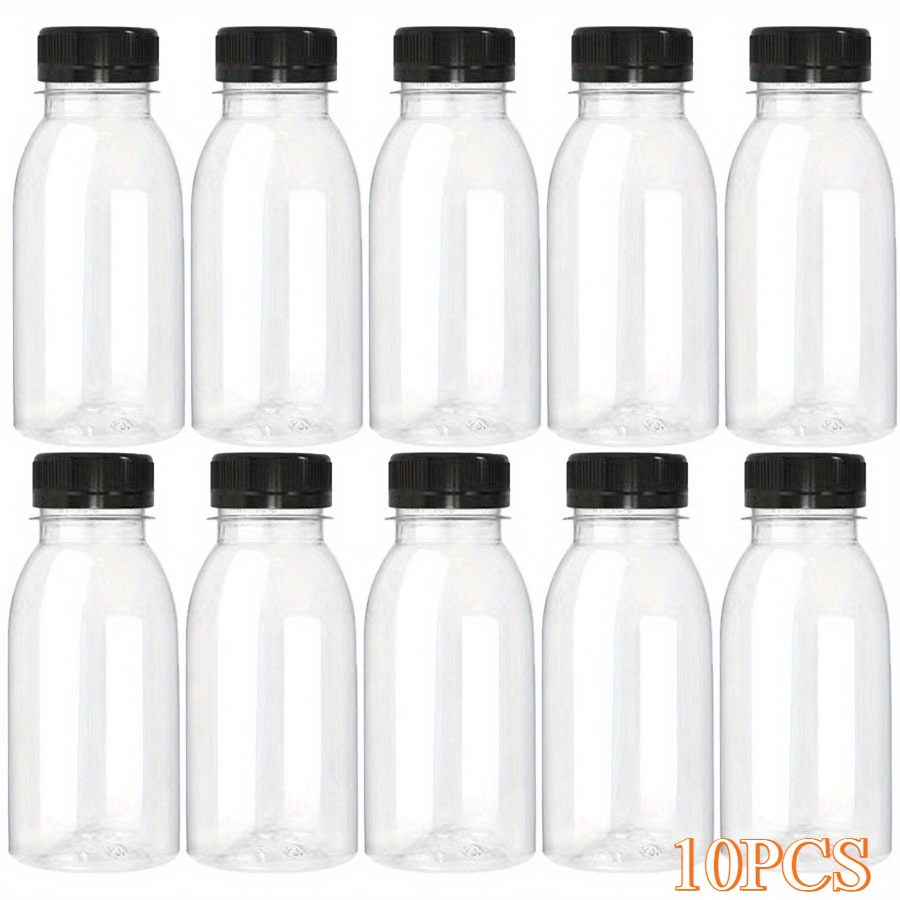 E-shop 10 Stück wiederverwendbare, auslaufsichere Plastik-Saftflaschen mit schwarzen Deckeln, 200 ml/6,66 oz klare Getränkebehälter für Säfte, Milch,