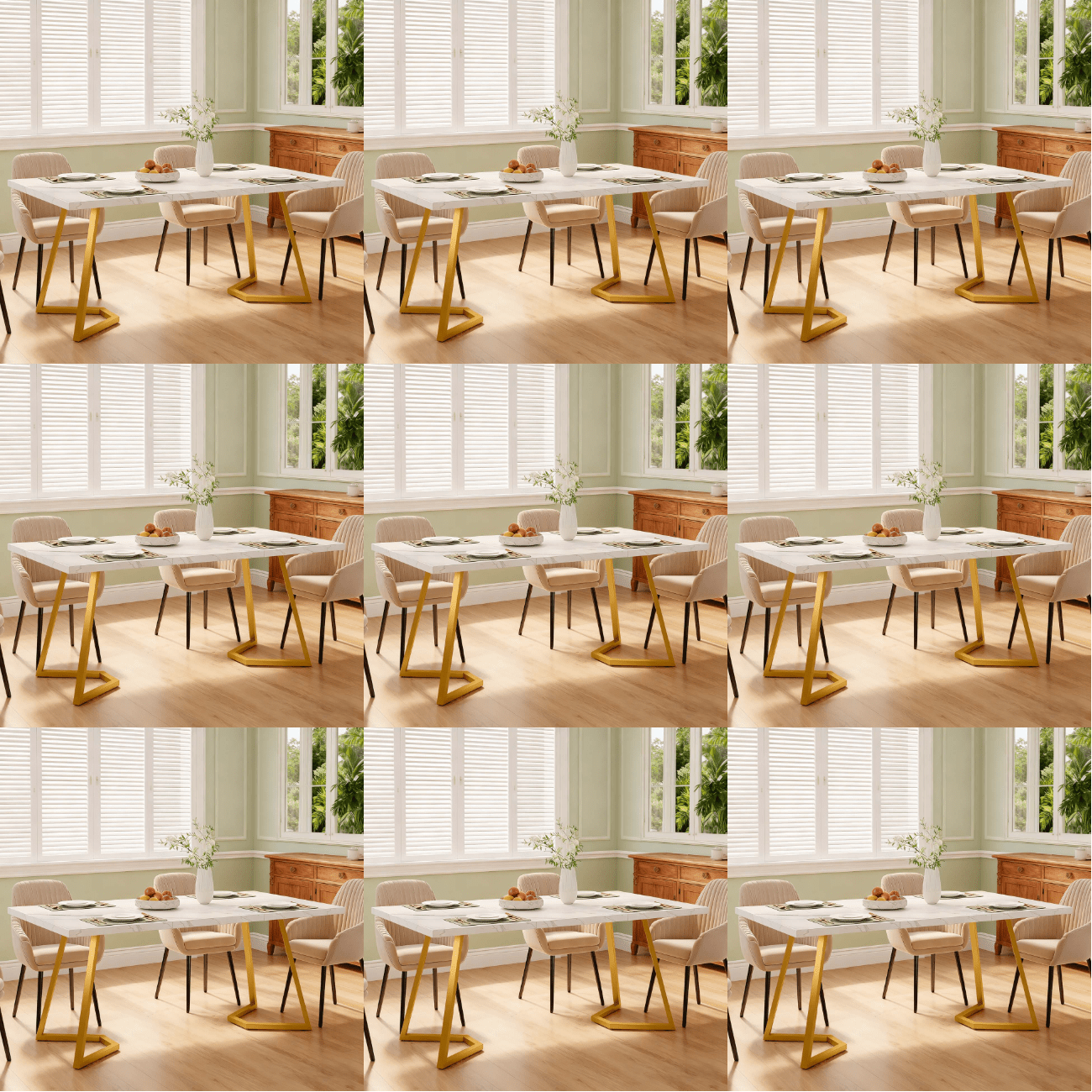 55-inch Rectangular Marble Dining Table - White Table With Golden Metal Legs, Seats 6 For Apartment Kitchen & Dining Room