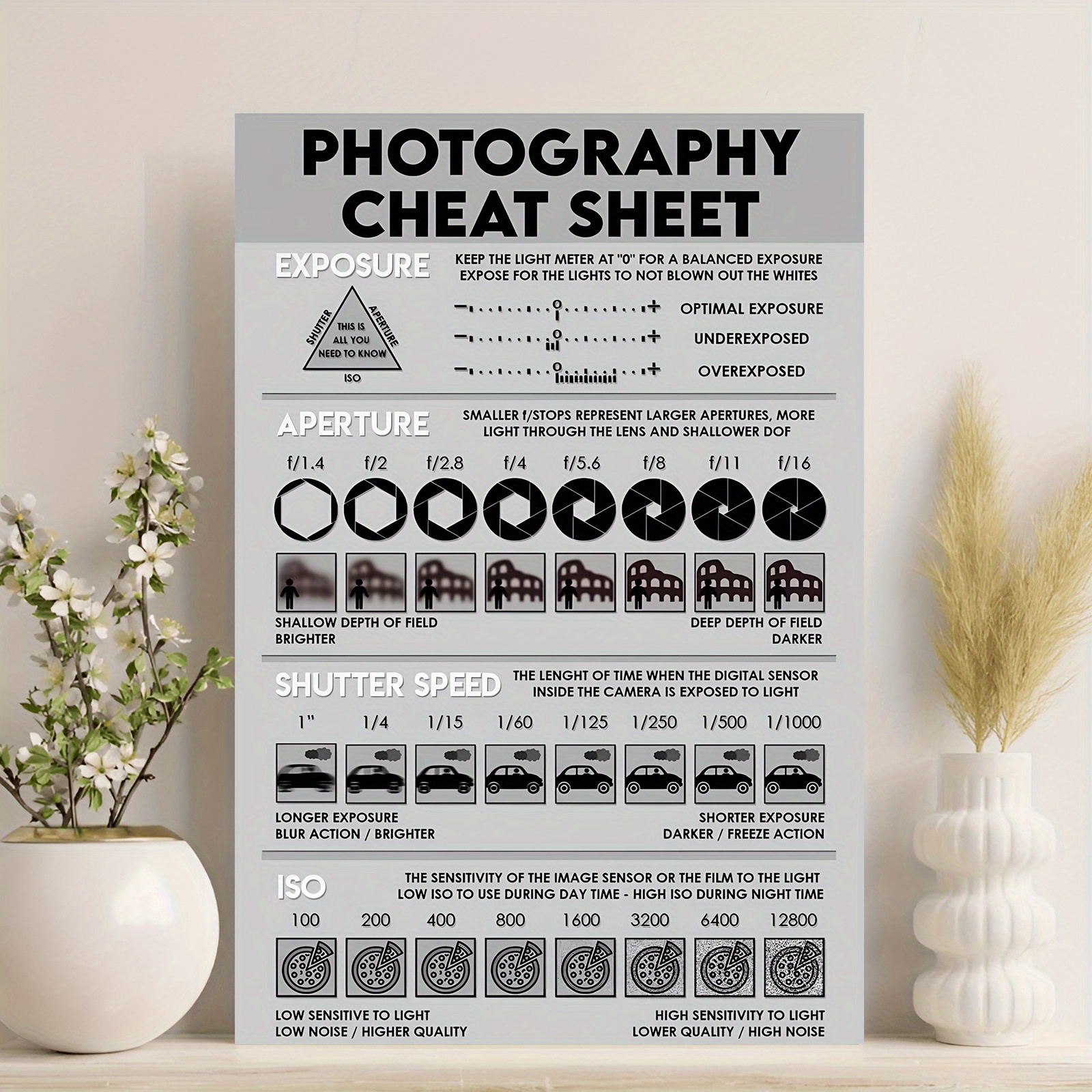 

Photography Cheat Sheet Canvas - 12x18 Inch Poster For Home & Club Decor, , Aperture, , Iso Guide