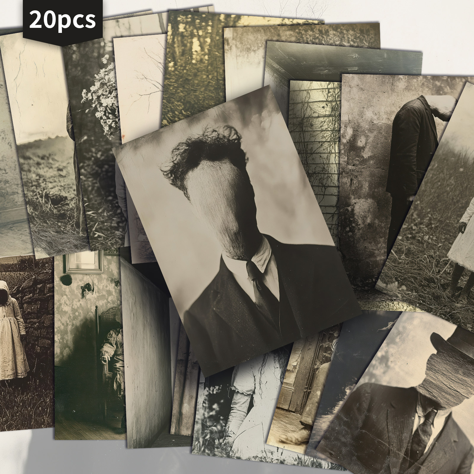 E-shop Set mit 20 Vintage-Horror-Postkarten mit Gesichtslosen Designs, Größe 4X6 Zoll. für Retro-Junk-Journals. Diese Sammelkarten präsentieren