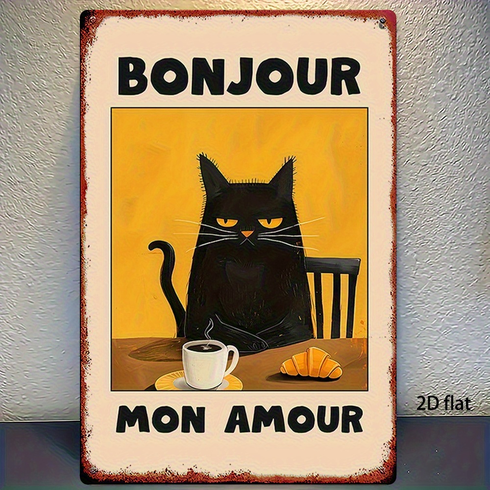 TEMU 2d Flat, 2d Flat 1pc Vintage French Inspired Aluminum Wall Art Sign Black Cat Coffee Bread Retro Tin Decor With Mon Text 8x12 Inch Rustic