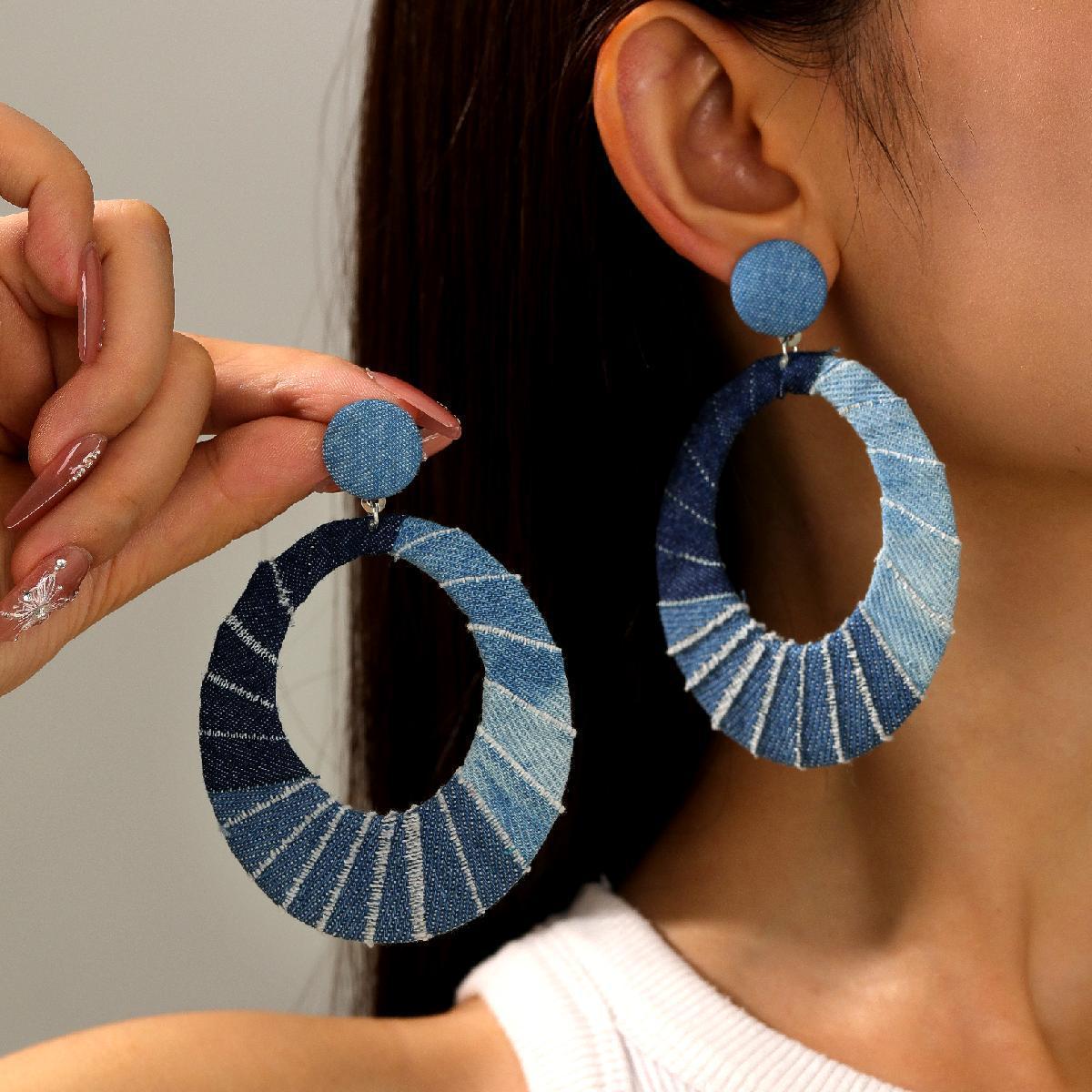 Bohemian , Light And Dark Blue Denim, Oval Earrings And Earrings In Western Denim Style, Perfect Gifts For Parties And Holidays