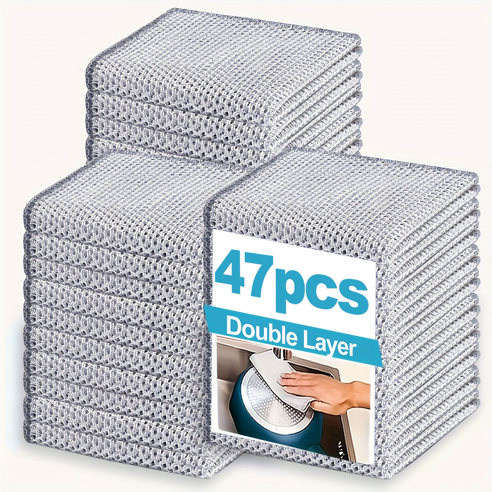 Image of 47pcs Multipurpose Cleaning Cloth, Dish Towel, Kitchen Wiping Pad, Suitable For Dry And Wet Use, Fiber Cleaning Cloth, Designed For Metal And Tableware