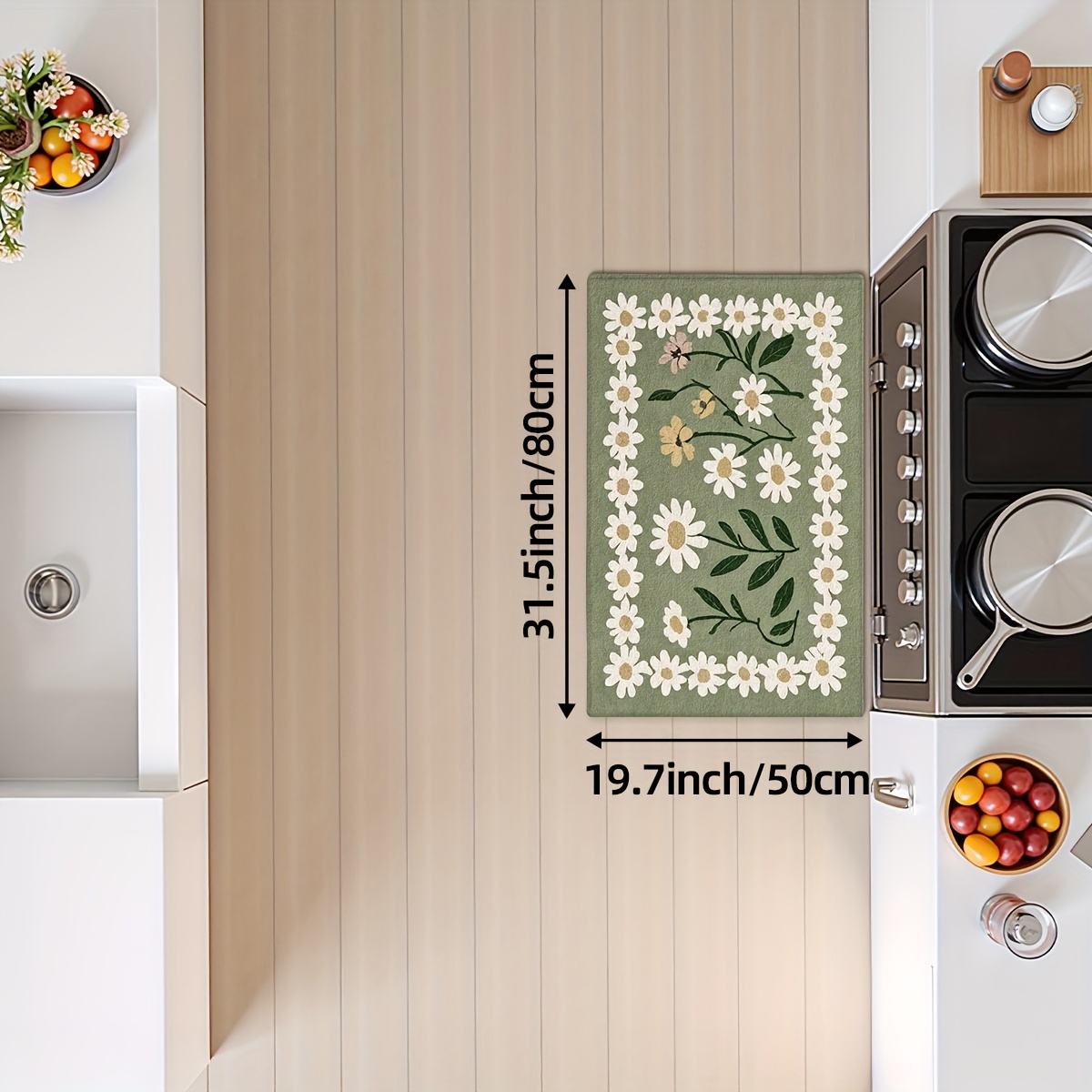 TEMU 2d Flat 1pc Retro Green Floral Daisy Pattern, Kitchen Non-slip Machine Washable Floor Mat | Flannel Point Plastic Bottom, Soft And Comfortable,