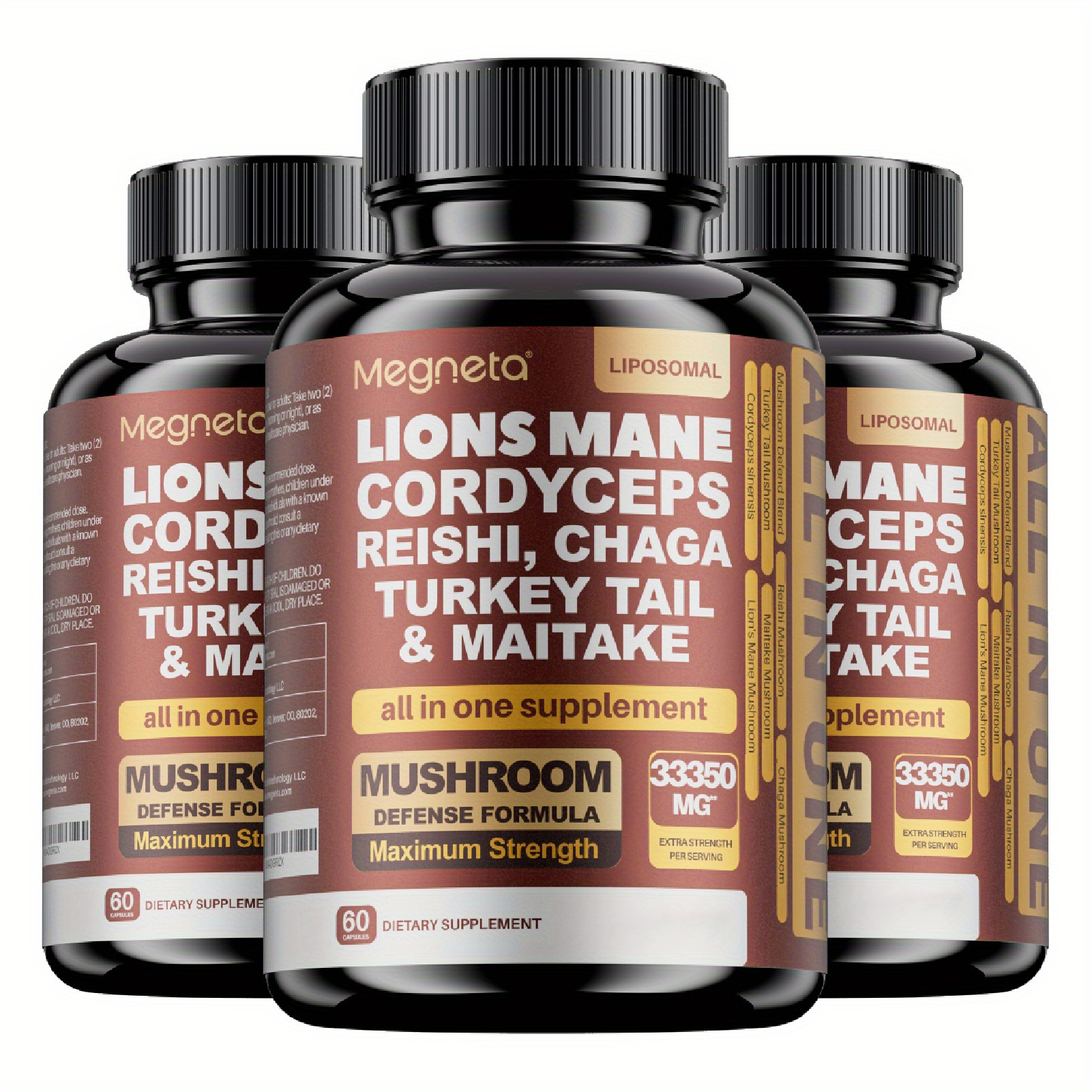 Megneta Cognitive Brain Nootropic Mushroom Complex with Lion's Mane, Cordyceps, Reishi, Turkey Tail & Chaga for Focus, Memory & Clarity – 60