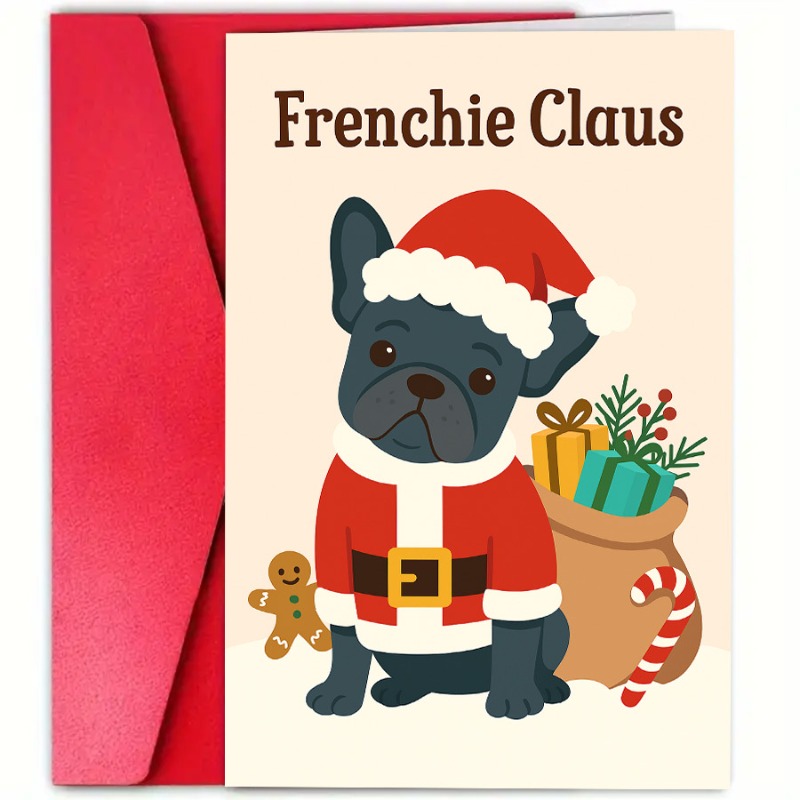 TEMU 1pc Greeting Card And 1pc Envelope. 2d Flat 1pc Christmas Card, Featuring A French Bulldog, Ideal For Dog Lovers To Send Warm Holiday Wishes To